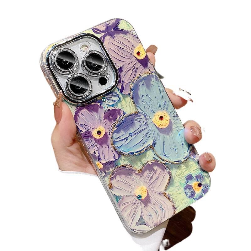 Drop Protection iPhone 12 Pro Max TPU + PC with Rhinestone Oil Painting Flower and Glitter Lens Protector and Full Coverage in Blue - Image 1