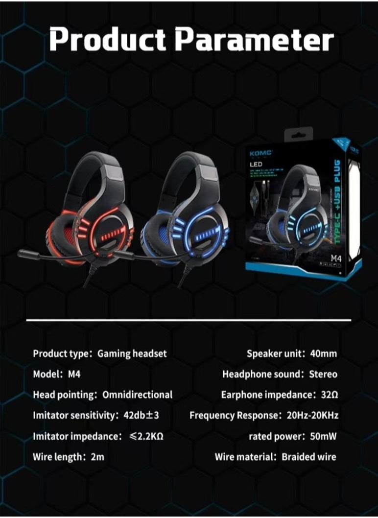 Komc - G9000 Stereo Gaming Headset for PS4 PC Xbox One PS5 Controller, Noise Cancelling Over Ear Headphones with Mic, LED Light, Bass Surround, Soft Memory Earmuffs (Blue) - Image 1