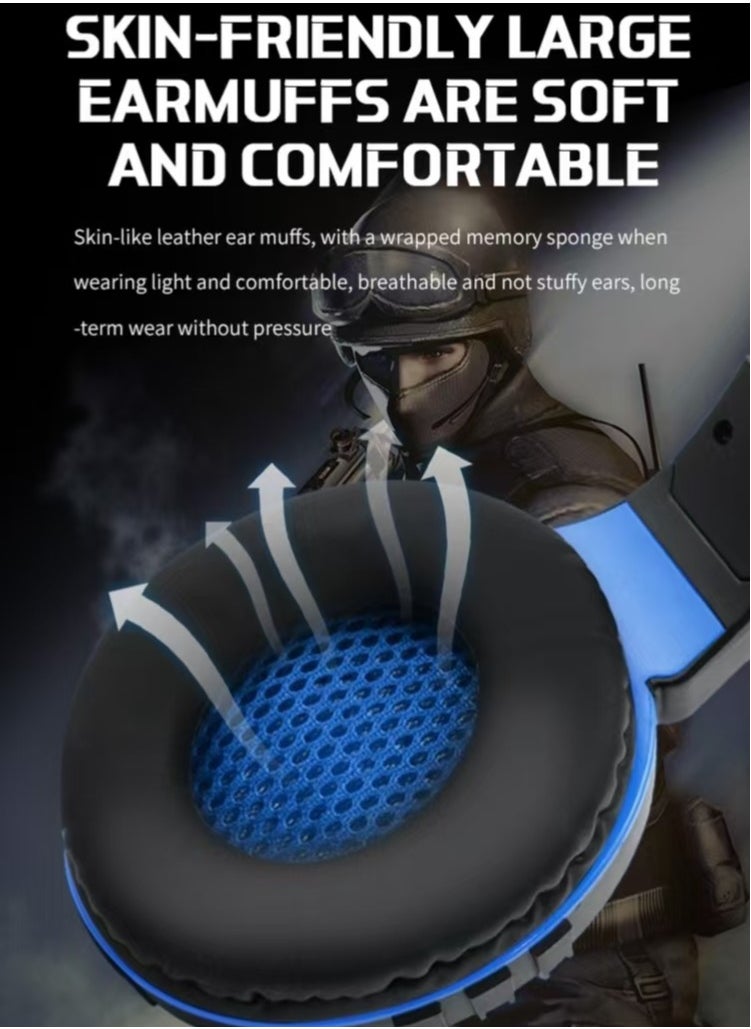 Komc - G9000 Stereo Gaming Headset for PS4 PC Xbox One PS5 Controller, Noise Cancelling Over Ear Headphones with Mic, LED Light, Bass Surround, Soft Memory Earmuffs (Blue) - Image 1