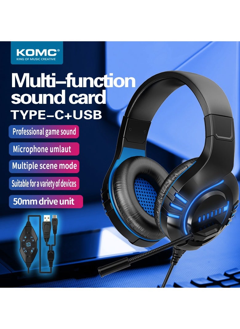 Komc - G9000 Stereo Gaming Headset for PS4 PC Xbox One PS5 Controller, Noise Cancelling Over Ear Headphones with Mic, LED Light, Bass Surround, Soft Memory Earmuffs (Blue) - Image 1