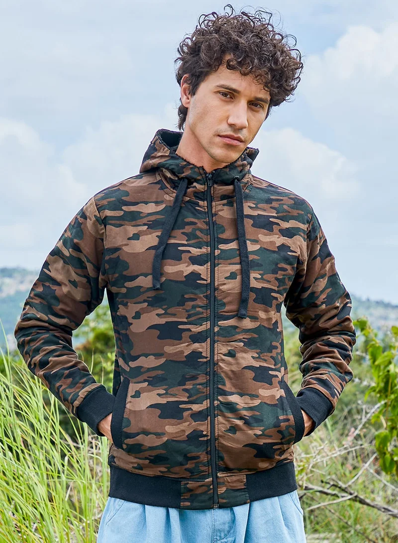 Campus Sutra Men's Forest Green Camouflage Hoodie With Insert Pocket For Casual Wear | Hooded Neck | Long Sleeve | Zipper Closure | Cotton Jacket Crafted With Comfort Fit For Everyday Wear