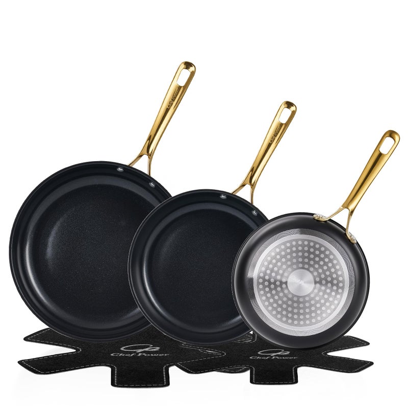 Chef Power Ceramic Frying Pan with Stainless Steel handle 5Pcs Set, Non-toxic Non Stick Grill Pan Set, Induction, Dishwasher and Oven Safe, Stone Black & Light Gold Handle, 8'', 9'', 11'' Skillet - Image 1