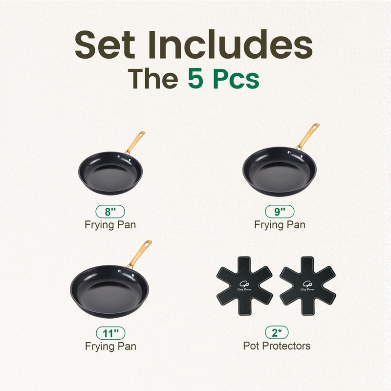 Chef Power Ceramic Frying Pan with Stainless Steel handle 5Pcs Set, Non-toxic Non Stick Grill Pan Set, Induction, Dishwasher and Oven Safe, Stone Black & Light Gold Handle, 8'', 9'', 11'' Skillet - Image 2
