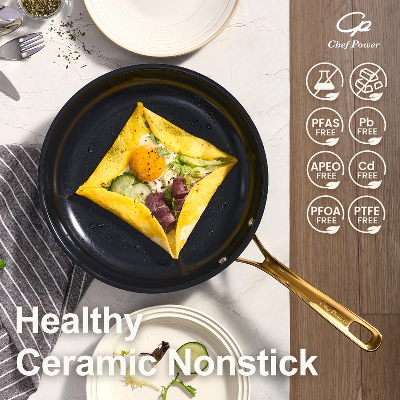 Chef Power Ceramic Frying Pan with Stainless Steel handle 5Pcs Set, Non-toxic Non Stick Grill Pan Set, Induction, Dishwasher and Oven Safe, Stone Black & Light Gold Handle, 8'', 9'', 11'' Skillet - Image 3