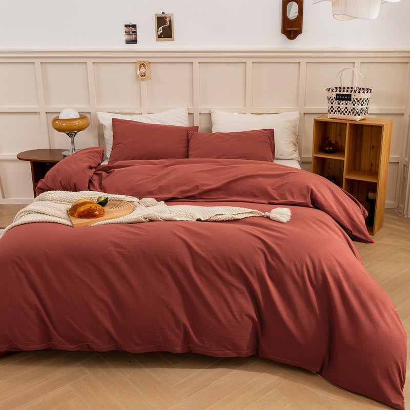 ECOCOTT ECOCOTT Duvet Cover King Size - Linen Feel Textured Organic Natural 100% Washed Cotton  Soft Breathable 3 Pieces Bedding Set with Zipper Closure  Burnt Brick Red  - Image 3