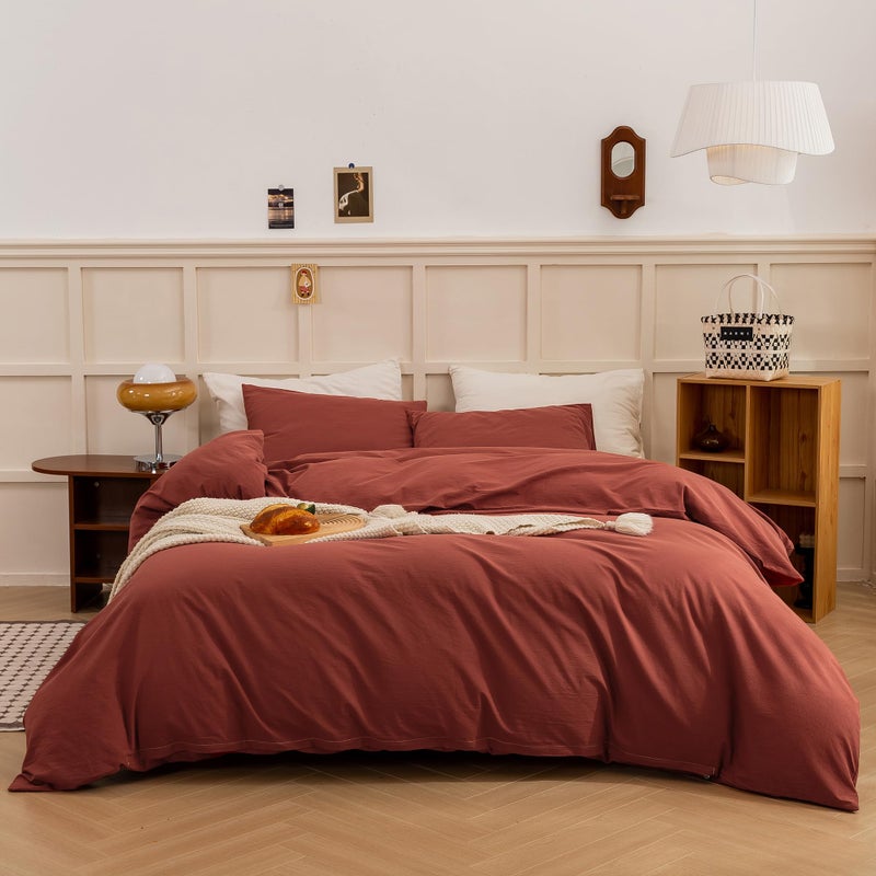 ECOCOTT ECOCOTT Duvet Cover King Size - Linen Feel Textured Organic Natural 100% Washed Cotton  Soft Breathable 3 Pieces Bedding Set with Zipper Closure  Burnt Brick Red  - Image 1