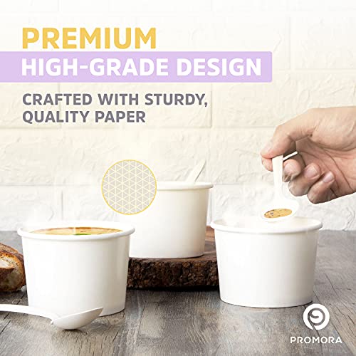 Promora 12oz Paper Ice Cream Cups Disposable 50 Count + Spoons, Bowls for Hot Soup/Dessert with Spoons, Perfect for Hot & Cold Food, Disposable Soup Bowls, Ice Cream Bowls, Frozen Yogurt (White 12oz) - Image 2