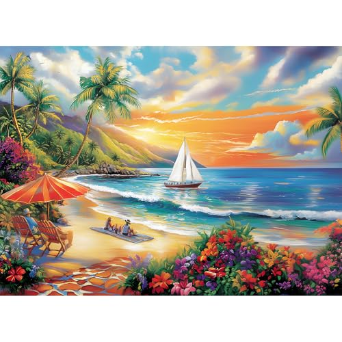 DAGIRT 300 Pieces Puzzles for Adults Summer Beach Jigsaw Puzzles 300 Pieces Puzzles for Adults Kids Colorful Sunset Boat Jigsaw Puzzles Birthday and Holiday Challenging Gift Toy 205x15 in - Image 1