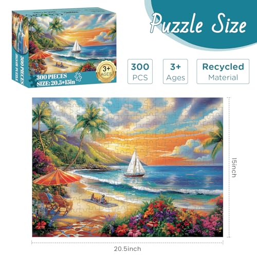 DAGIRT 300 Pieces Puzzles for Adults Summer Beach Jigsaw Puzzles 300 Pieces Puzzles for Adults Kids Colorful Sunset Boat Jigsaw Puzzles Birthday and Holiday Challenging Gift Toy 205x15 in - Image 5