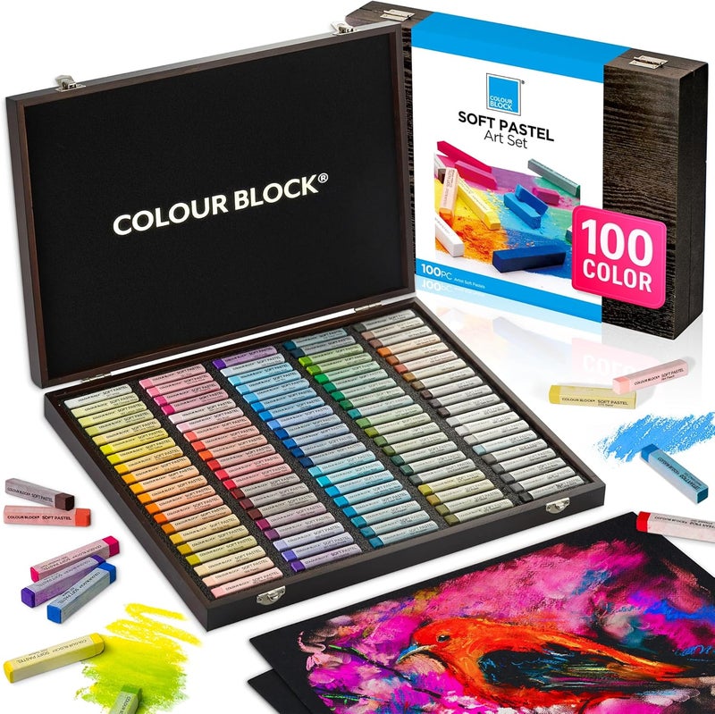COLOUR BLOCK Soft Pastels for Artists - 100 Colors Square Chalk Pastels Set in Wooden Box - Vibrant Pigments Art Kit for Painting, Drawing, Sketching, Hobbyists, Students. - Image 1