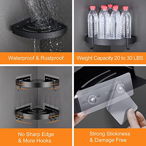 DUFU Adhesive Corner Shower Caddy with Hooks,Bathroom Shower Organizer, No Drilling Rust Proof Aluminum Shower Shelf for Inside Shower 2 Pack (Black) - Image 2
