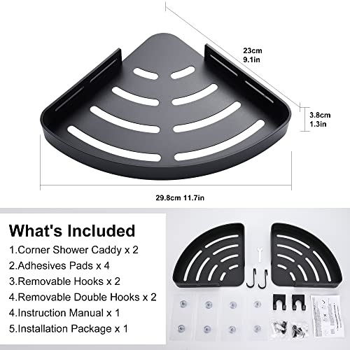 DUFU Adhesive Corner Shower Caddy with Hooks,Bathroom Shower Organizer, No Drilling Rust Proof Aluminum Shower Shelf for Inside Shower 2 Pack (Black) - Image 5