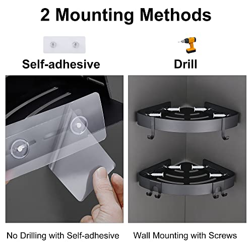 DUFU Adhesive Corner Shower Caddy with Hooks,Bathroom Shower Organizer, No Drilling Rust Proof Aluminum Shower Shelf for Inside Shower 2 Pack (Black) - Image 3