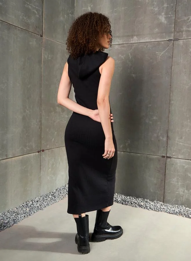 SASSAFRAS Sassafras Black Ribbed Sleeveless Hooded Maxi Dress