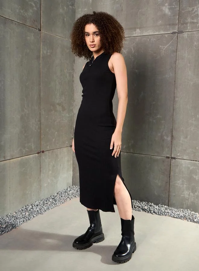 SASSAFRAS Sassafras Black Ribbed Sleeveless Hooded Maxi Dress