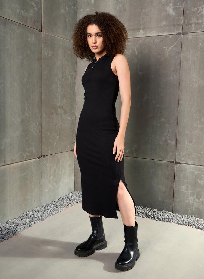 Sassafras Black Ribbed Sleeveless Hooded Maxi Dress - Image 3