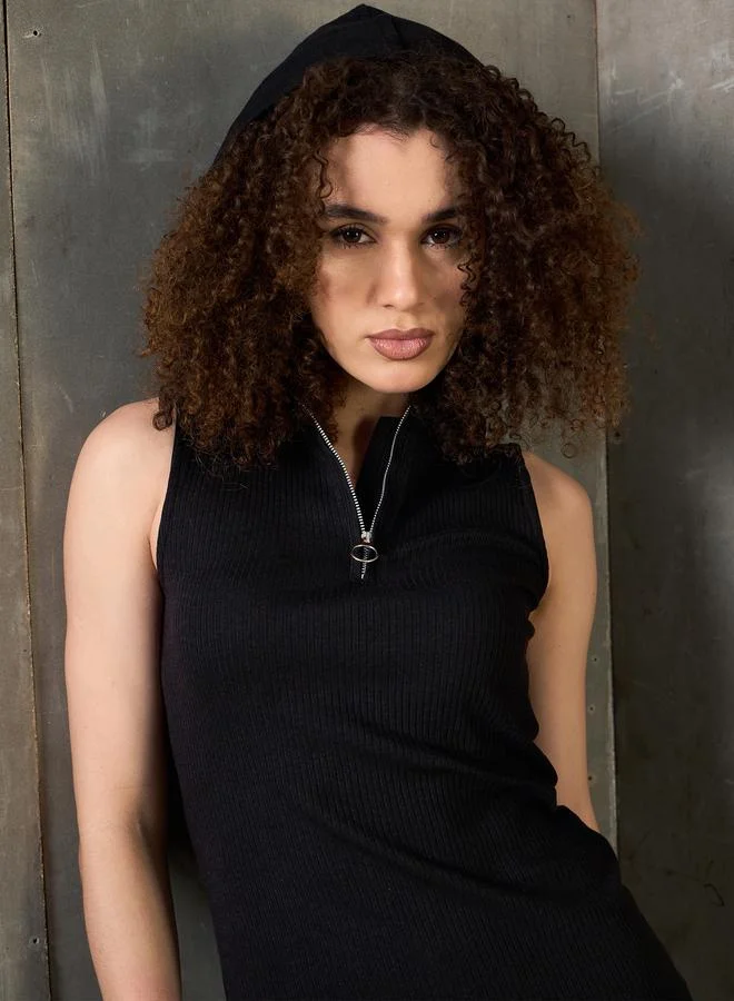 SASSAFRAS Sassafras Black Ribbed Sleeveless Hooded Maxi Dress