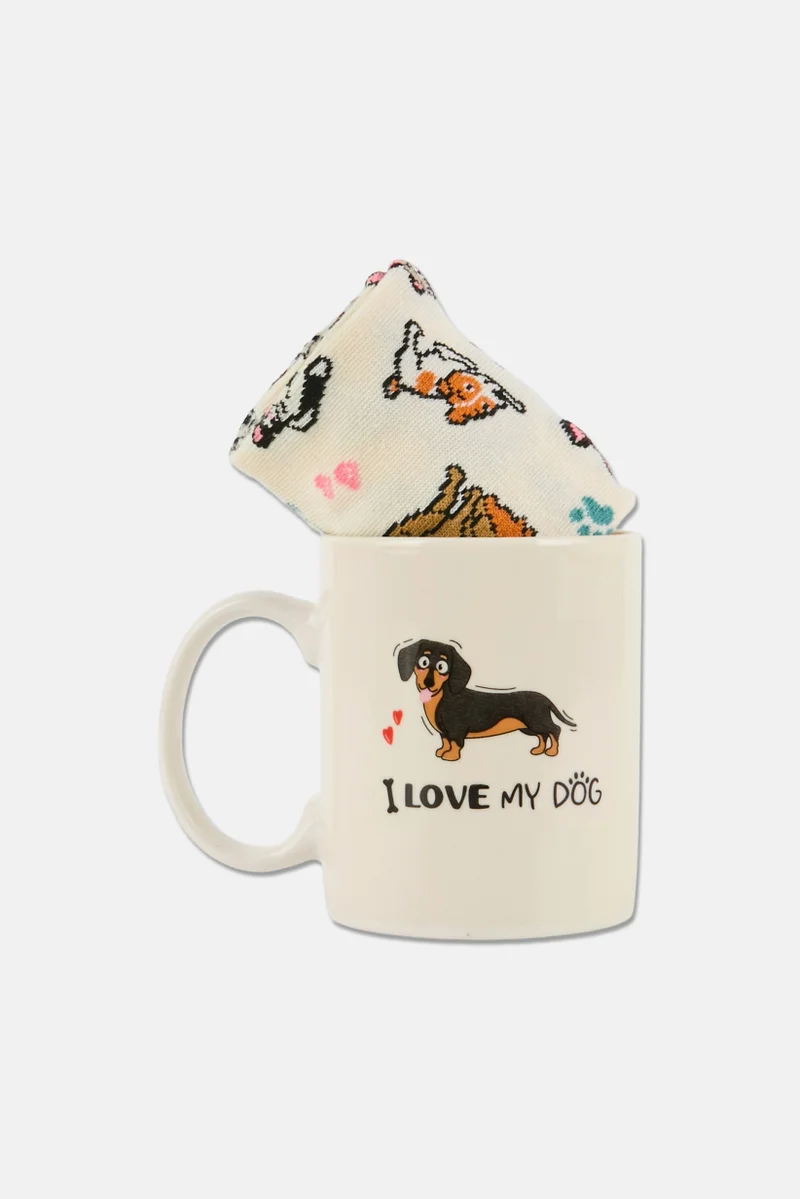 موي موتشو Porcelain I Love My Dog  Mug With Socks Set 300 ml, Cream