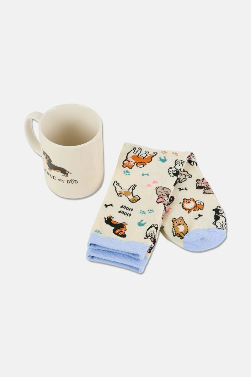 موي موتشو Porcelain I Love My Dog  Mug With Socks Set 300 ml, Cream