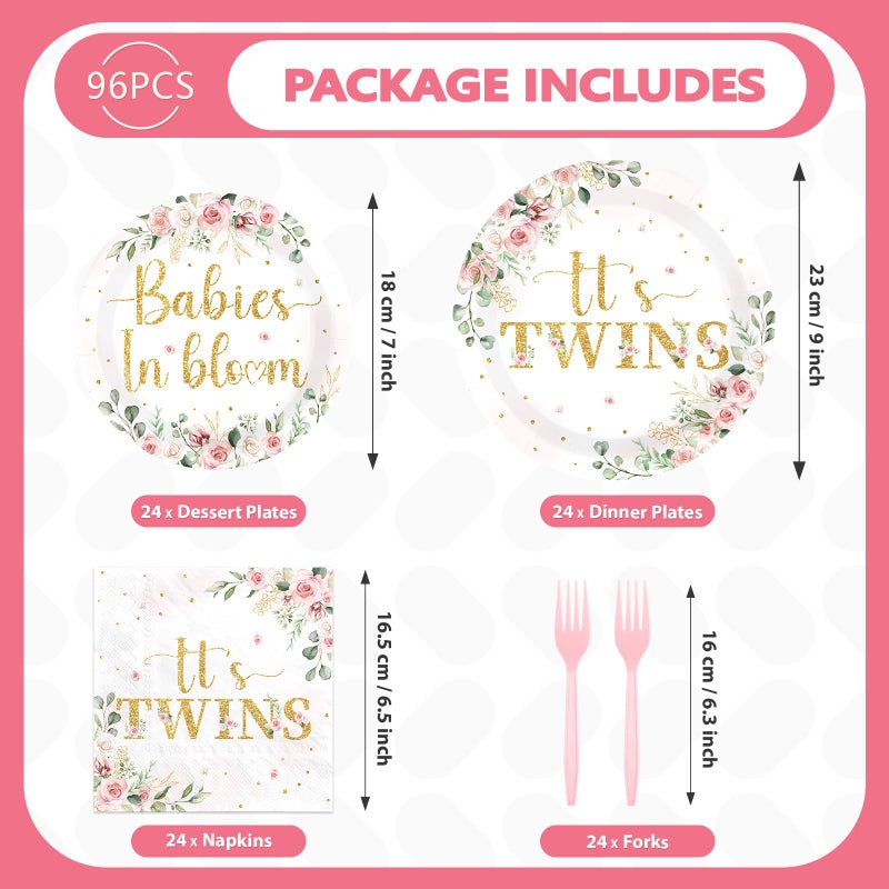Greencian 96Pcs Twins Baby Shower Party Decorations Wildflower Baby in Bloom Paper Plates and Napkins Pink Gold Floral It's Twins Disposable Tableware Set for Boys Girls Birthday Party Supplies, Serves 24 - Image 5