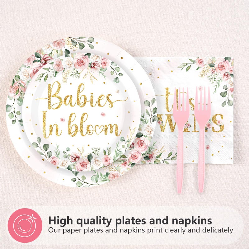 Greencian 96Pcs Twins Baby Shower Party Decorations Wildflower Baby in Bloom Paper Plates and Napkins Pink Gold Floral It's Twins Disposable Tableware Set for Boys Girls Birthday Party Supplies, Serves 24 - Image 2