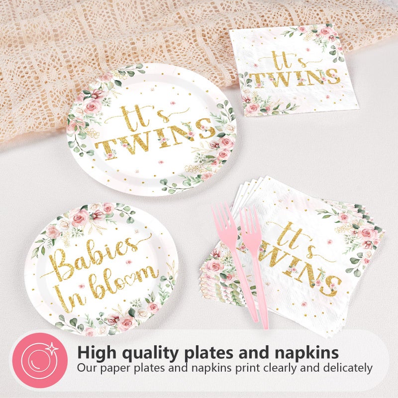 Greencian 96Pcs Twins Baby Shower Party Decorations Wildflower Baby in Bloom Paper Plates and Napkins Pink Gold Floral It's Twins Disposable Tableware Set for Boys Girls Birthday Party Supplies, Serves 24 - Image 3