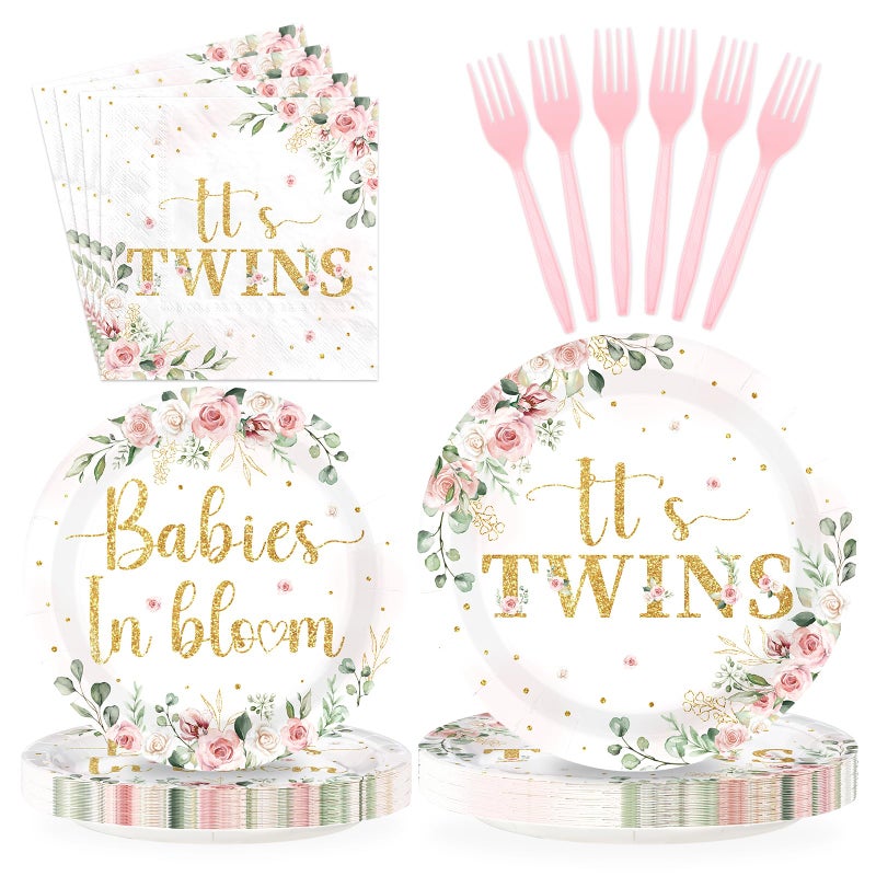 Greencian 96Pcs Twins Baby Shower Party Decorations Wildflower Baby in Bloom Paper Plates and Napkins Pink Gold Floral It's Twins Disposable Tableware Set for Boys Girls Birthday Party Supplies, Serves 24 - Image 1