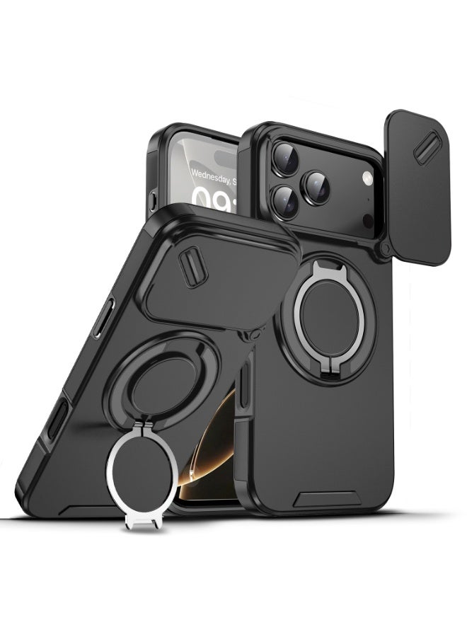 iPhone 17 Pro Max Case Cover With 360° Rotate Magnetic Ring Kickstand Phone Holder And Slide Camera Len Cover Protector Anti-drop Anti-Scratch Anti-Dust Shockproof Protective Mobile Phone Accessory - Image 1
