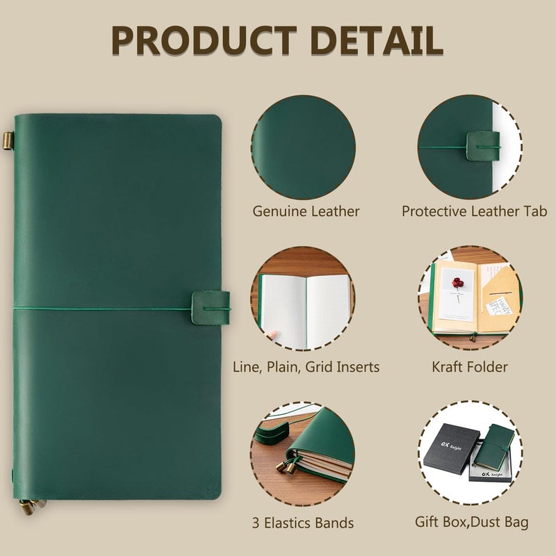 Ox Knight Refillable Leather Travelers Notebook, 8.6 x 4.9 Standard Size Travel Diary for Men and Women, Genuine Leather Travel Journal with 3 Notebook Inserts for Writing, Sketching & Planning, Green - Image 3