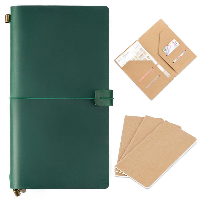 Ox Knight Refillable Leather Travelers Notebook, 8.6 x 4.9 Standard Size Travel Diary for Men and Women, Genuine Leather Travel Journal with 3 Notebook Inserts for Writing, Sketching & Planning, Green - Image 1