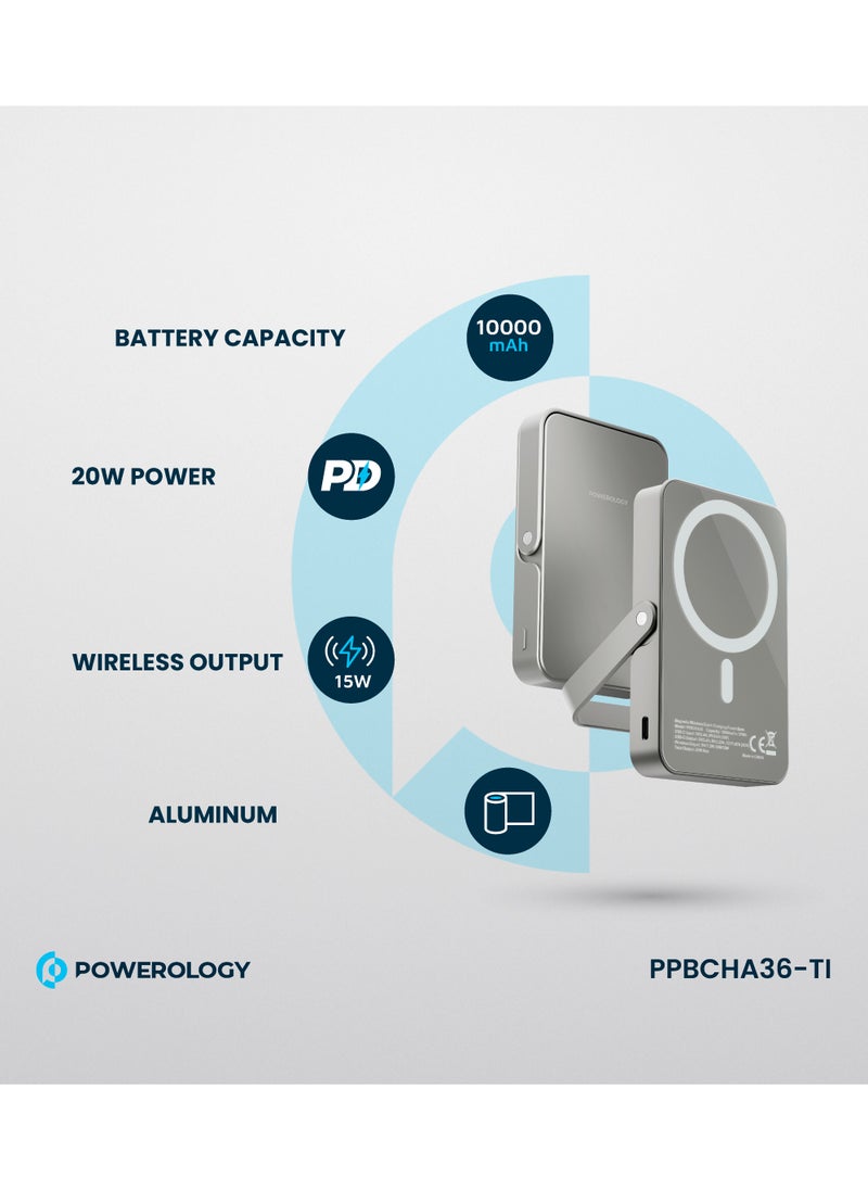 Powerology - 10000mAh Magsafe power Bank with Glass Surface and Integrated Stand / Durable / Simultaneous Wired and Wireless Output - Titanium - Image 1