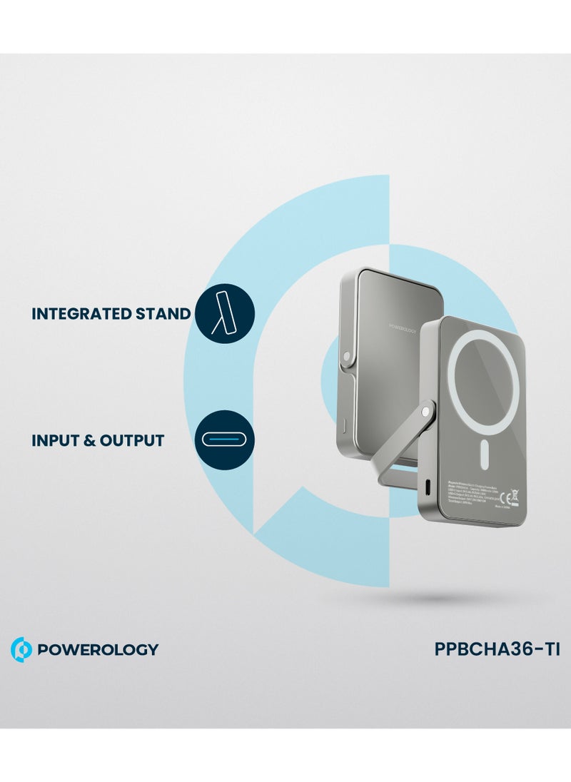 Powerology - 10000mAh Magsafe power Bank with Glass Surface and Integrated Stand / Durable / Simultaneous Wired and Wireless Output - Titanium - Image 1