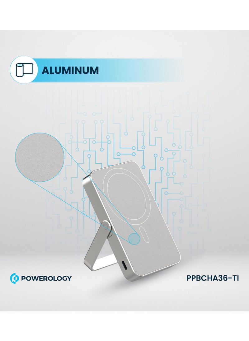 Powerology - 10000mAh Magsafe power Bank with Glass Surface and Integrated Stand / Durable / Simultaneous Wired and Wireless Output - Titanium - Image 1