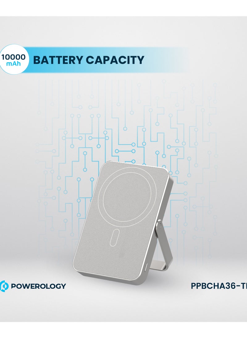 Powerology - 10000mAh Magsafe power Bank with Glass Surface and Integrated Stand / Durable / Simultaneous Wired and Wireless Output - Titanium - Image 1