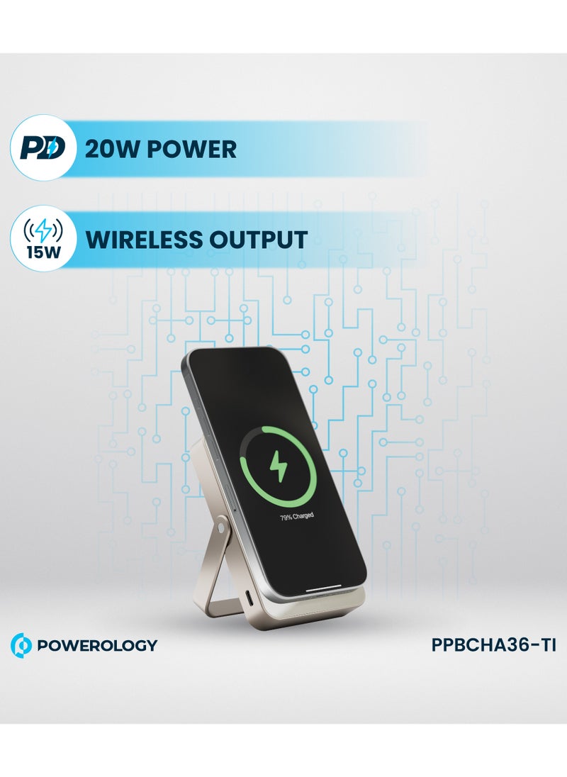 Powerology - 10000mAh Magsafe power Bank with Glass Surface and Integrated Stand / Durable / Simultaneous Wired and Wireless Output - Titanium - Image 1