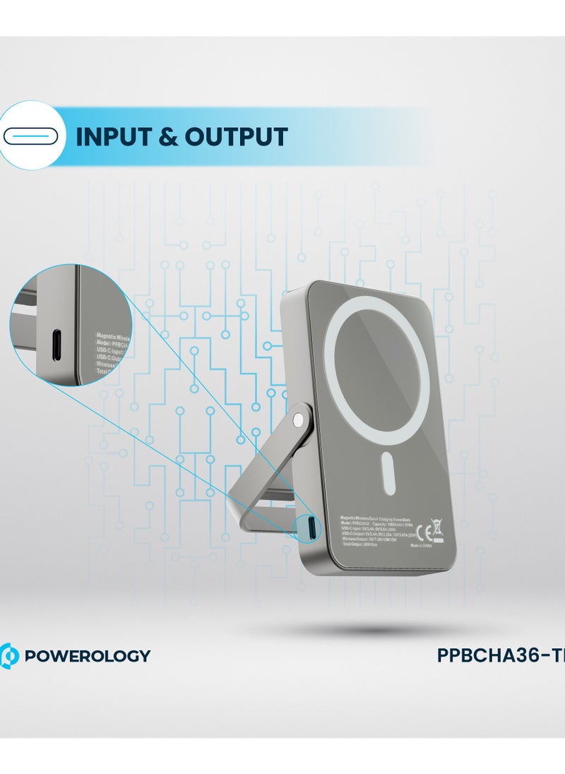 Powerology - 10000mAh Magsafe power Bank with Glass Surface and Integrated Stand / Durable / Simultaneous Wired and Wireless Output - Titanium - Image 1