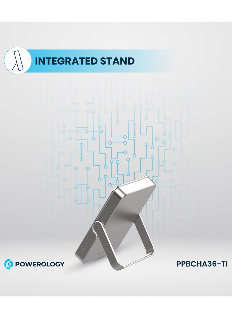 Powerology - 10000mAh Magsafe power Bank with Glass Surface and Integrated Stand / Durable / Simultaneous Wired and Wireless Output - Titanium - Image 1