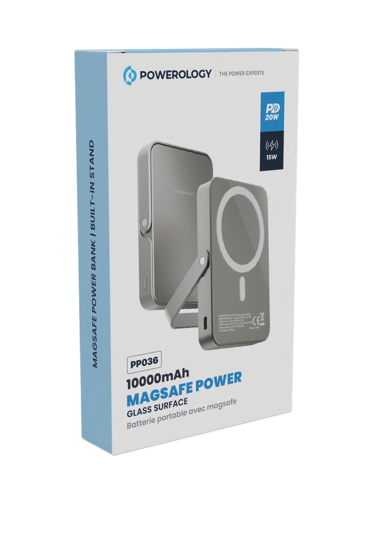 Powerology - 10000mAh Magsafe power Bank with Glass Surface and Integrated Stand / Durable / Simultaneous Wired and Wireless Output - Titanium - Image 1