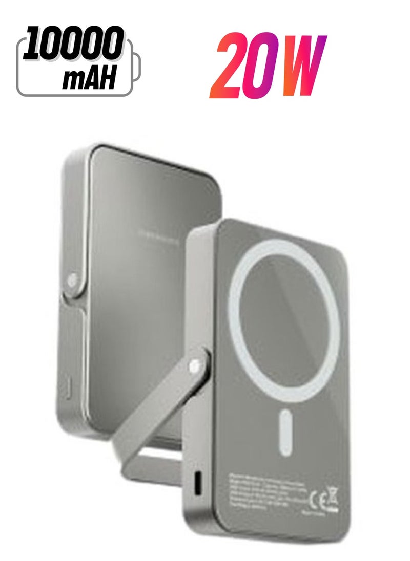 Powerology - 10000mAh Magsafe power Bank with Glass Surface and Integrated Stand / Durable / Simultaneous Wired and Wireless Output - Titanium - Image 1