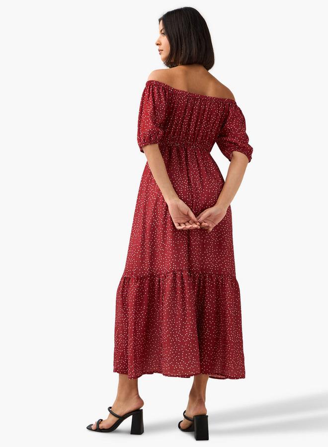Splash FAV Polka Dot Print Off Shoulder Women Dress with Tie-Ups - Image 3