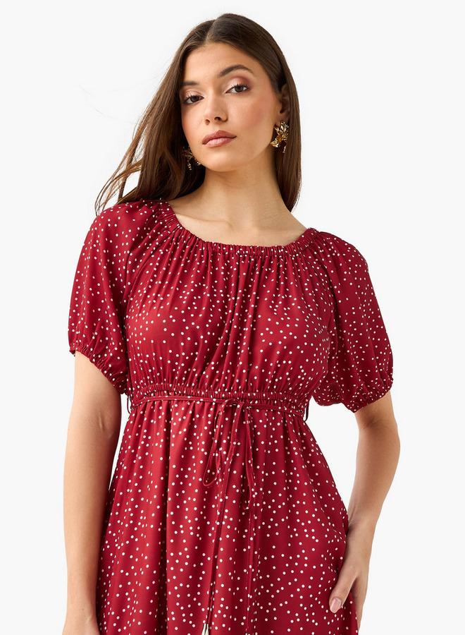 Splash FAV Polka Dot Print Off Shoulder Women Dress with Tie-Ups - Image 4