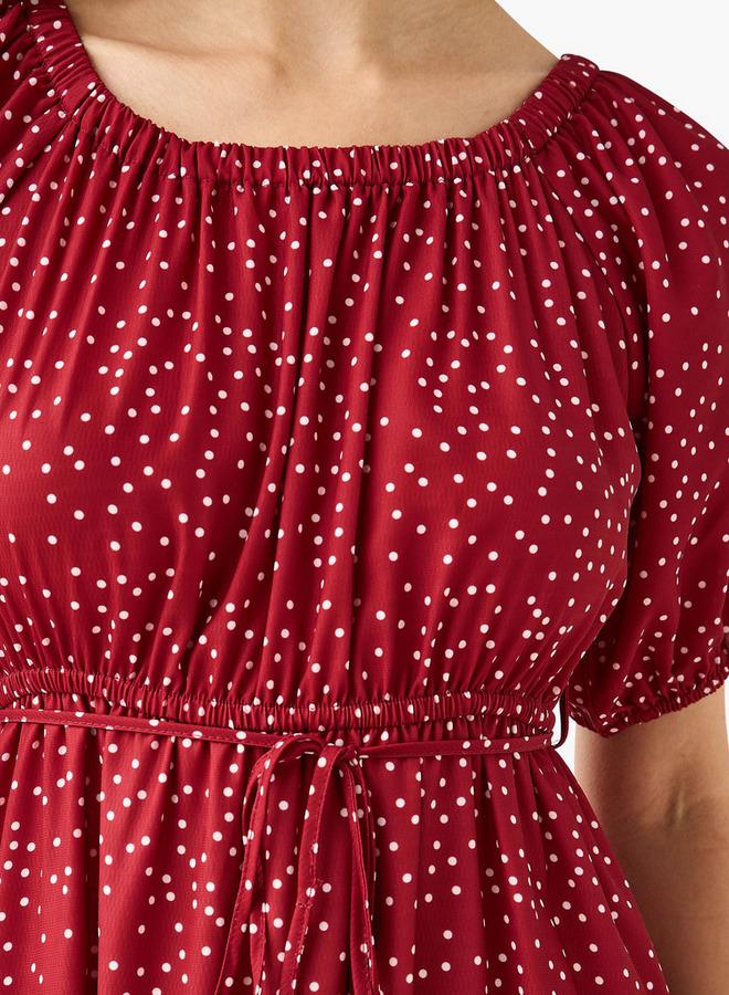 Splash FAV Polka Dot Print Off Shoulder Women Dress with Tie-Ups - Image 5
