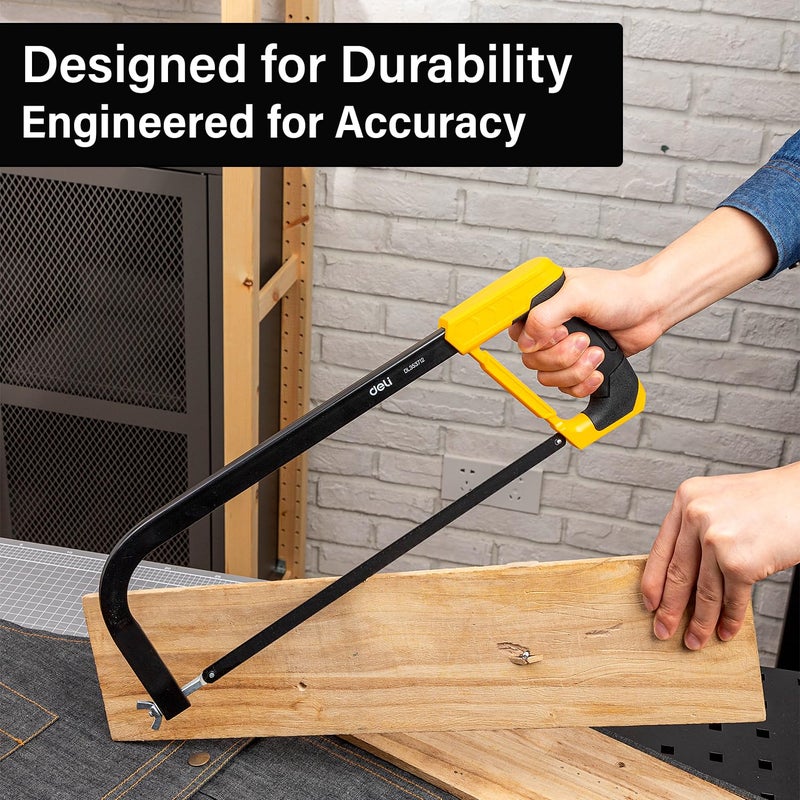 Deli DL353712 12" Hacksaw 300mm 65Mn Steel Adjustable Blade with Coated PP Handle Hand Saw Frame Repair Tool Kit for DIY Sawing Ceramic Wood Metal Work (Pack of 1, Yellow Black) - Image 2