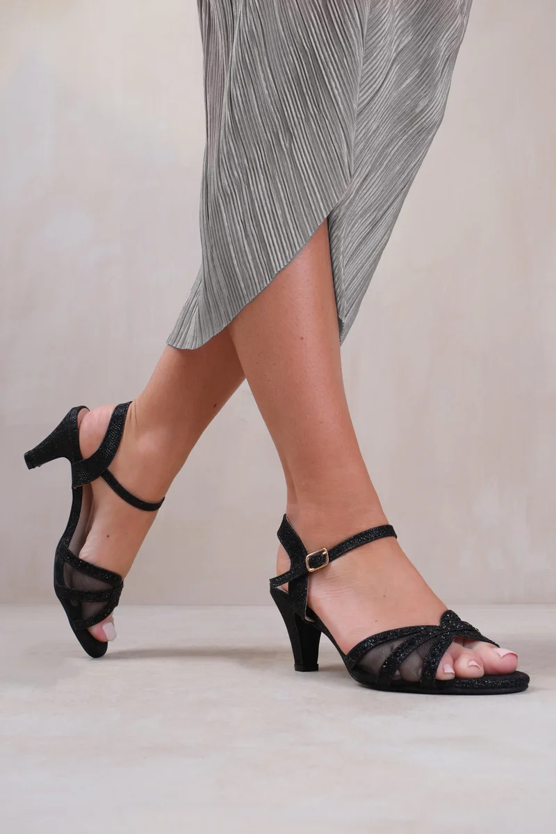 Where's That From Amanda Mid High Heel With Buckle Ankle Strap In Black Glitter