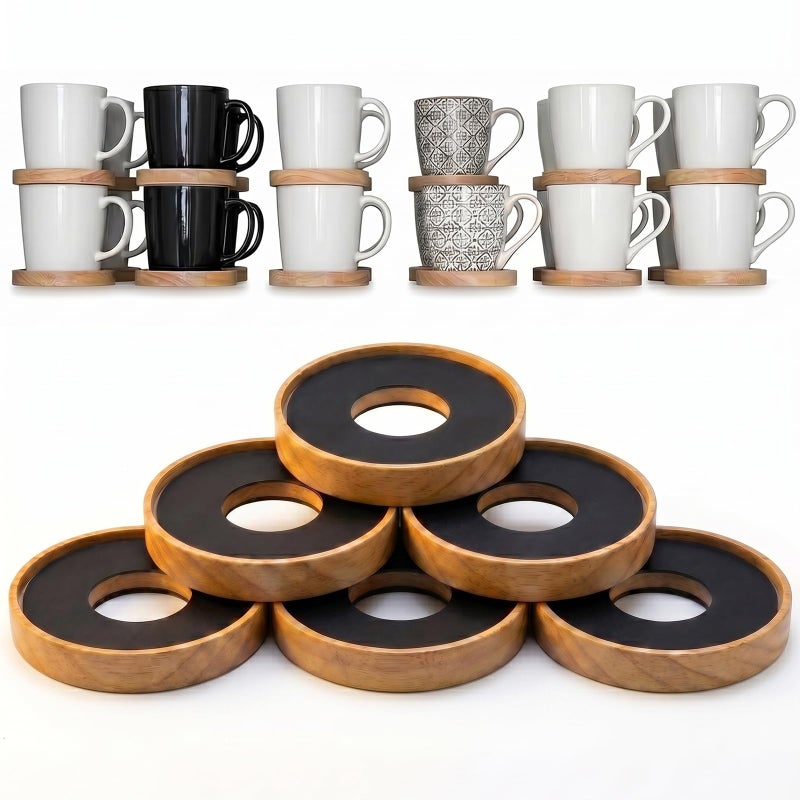 Elfzone Mug Organizer 6 Pcs Wooden Coffee Mug Stackers Mug Organizer for Kitchen CabinetEquipped with Food Grade NonSlip Pad - Image 2