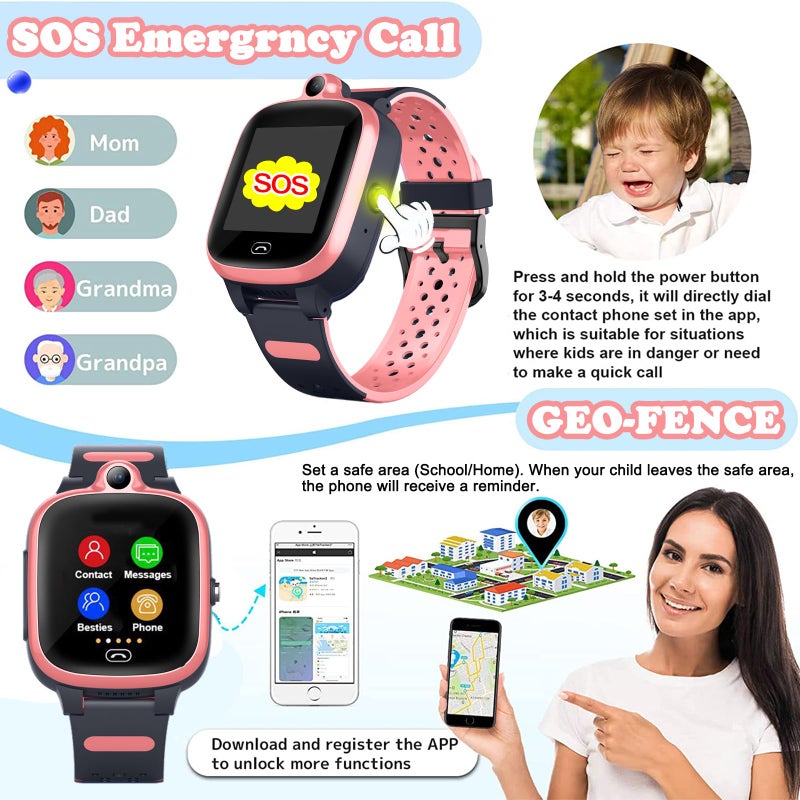 TEZILON Kids 4G GPS Smart Watch Worldwide Real-Time Tracking Phone Video Call Text Waterproof SOS Emergency Alarm Voice Message Camera Geo-Fence Pedometer Anti-Lost GPS Tracker 3-15 Girls Present - Image 3
