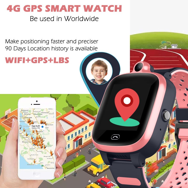 TEZILON Kids 4G GPS Smart Watch Worldwide Real-Time Tracking Phone Video Call Text Waterproof SOS Emergency Alarm Voice Message Camera Geo-Fence Pedometer Anti-Lost GPS Tracker 3-15 Girls Present - Image 2