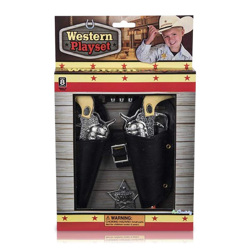 ArtCreativity Cowboy Toy Gun Holster and Belt 9 Piece Set for Kids. 2 Toy Pistols, 1 Sheriff Badge, 2 Gun Holsters, and 3 Play Bullets, 1 Adjustable Belt, Old Western Action Belt for Sheriff - Image 2