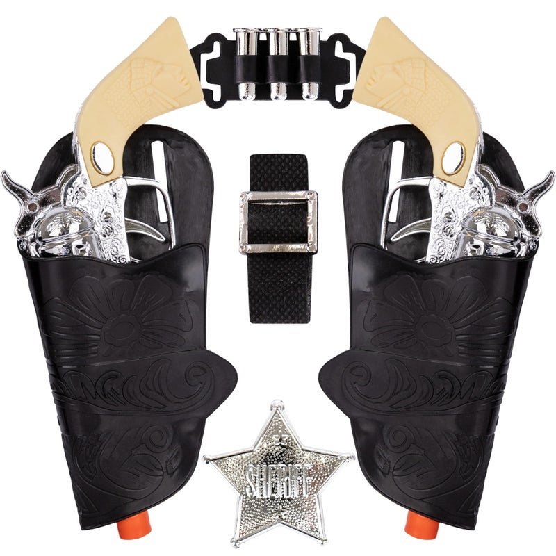 ArtCreativity Cowboy Toy Gun Holster and Belt 9 Piece Set for Kids. 2 Toy Pistols, 1 Sheriff Badge, 2 Gun Holsters, and 3 Play Bullets, 1 Adjustable Belt, Old Western Action Belt for Sheriff - Image 1