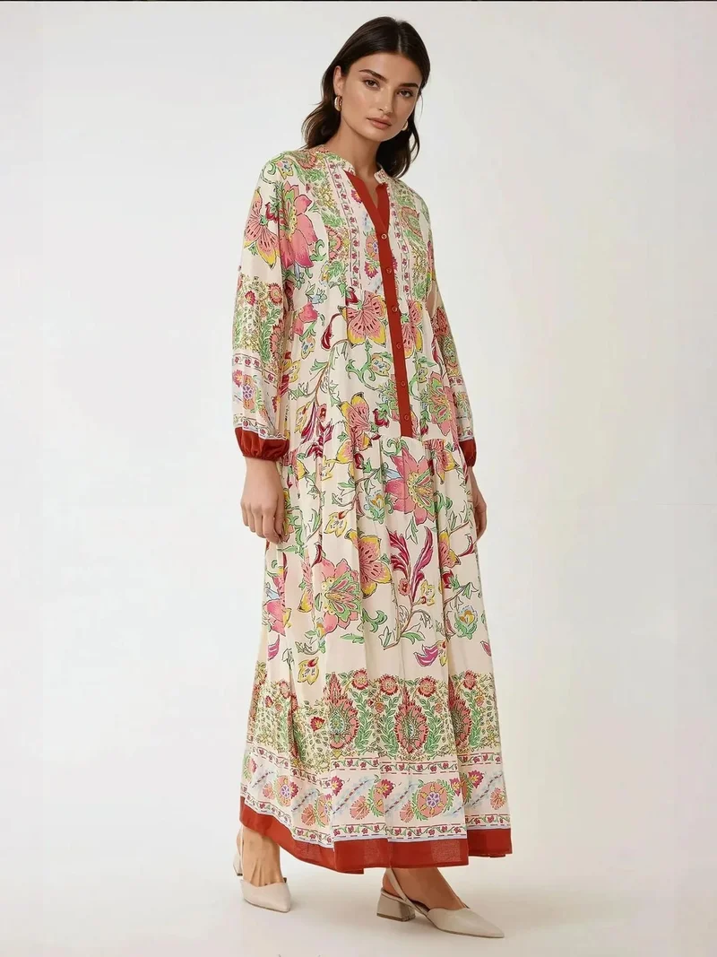 زوبعة فستان ماكسي طويل الأكمام مطبوع من الفيسكوز